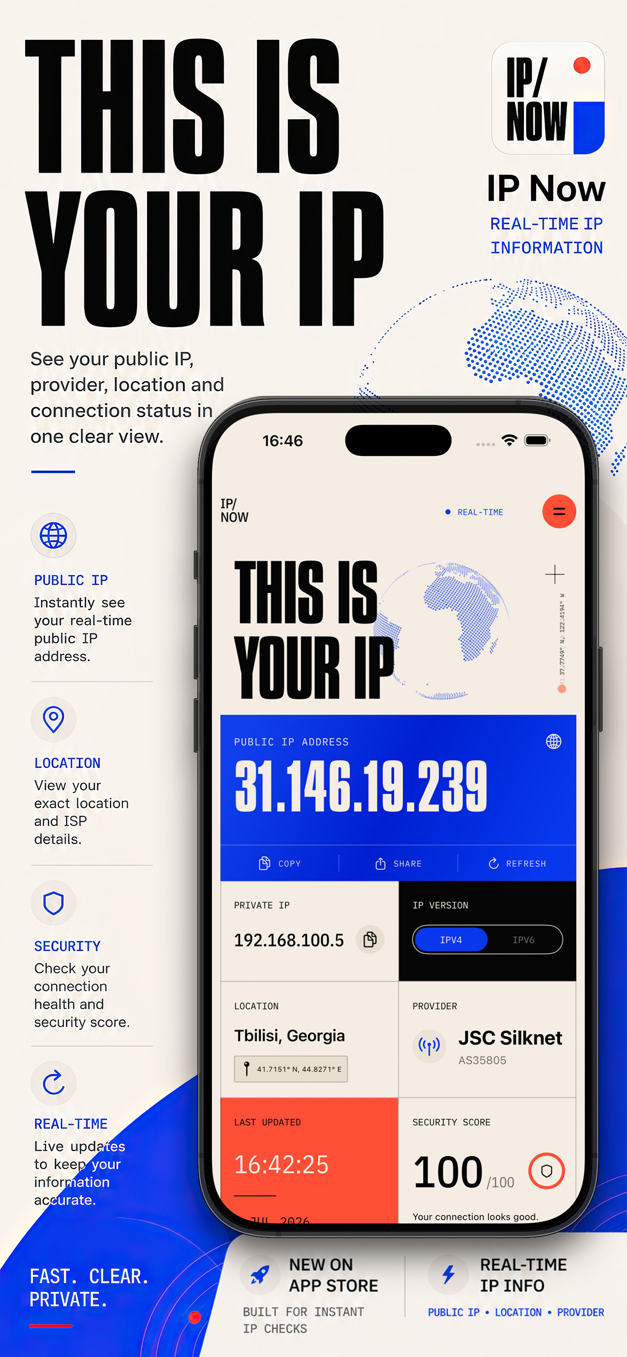 IP Now real-time public IP dashboard with provider and location details